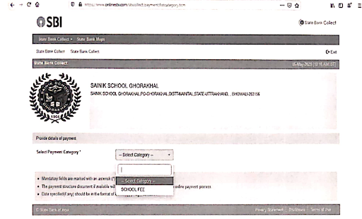Payment Category Section to pay Sainik School Fess through SBI Payment Gateway 